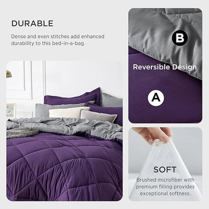 Bedsure Purple Twin XL Comforter Sets - 5 Pieces Reversible Twin XL Bedding Sets, Bed Sets Comforters, Sheets, Pillowcase & Sham, Grey XL Twin Bed in a Bag for College