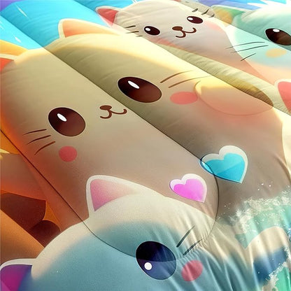 Cat Comforter Set - Cartoon Cat Twin Bedding Set for Girls Cute Cat Rainbow Printed Kids Bedding Set for Girls Kids Teens All Season Kawaii Cat Twin Quilt Set, 1 Comforter+1 Pillowcase