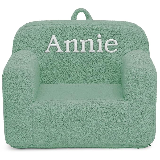 Delta Children Personalized Sherpa Cozee Chair - Customize with Name – Foam Kids Chair for Ages 18 Months and Up, Sage
