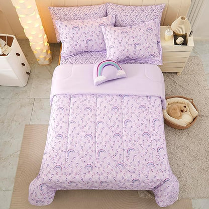 Mooreeke Twin Size Comforter Sets for Girls Kids, 6 Pieces Bed in a Bag Purple Love Rainbow Bedding Comforter Sheet Set with Shams and Decorative Toy Pillow, Ultral Soft Microfiber Kids Bed Set