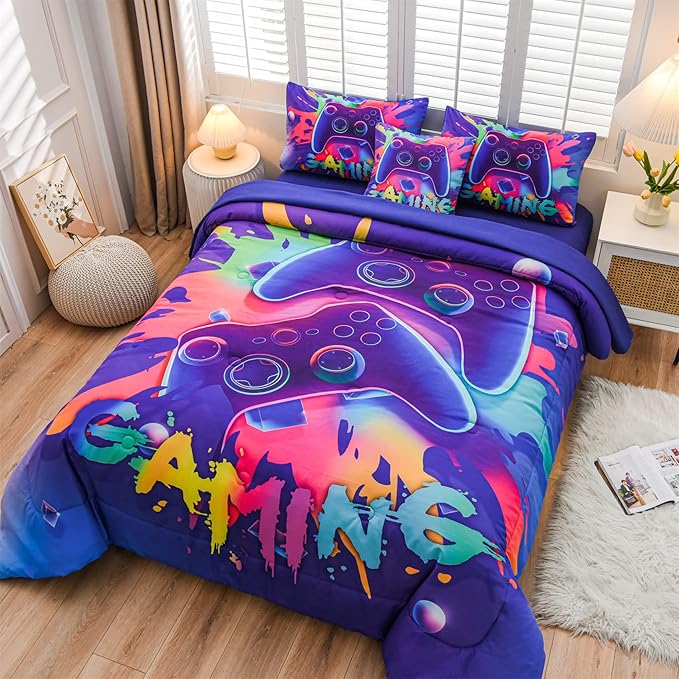 Aimuan Gamer Gaming Bedding Sets 3D Gamepad Comforter Sets for Boys Games Console Action Buttons Novelty Colorful Game Controller Modern Room Decor Home Quilt Set (Purple, Full 6PCS)