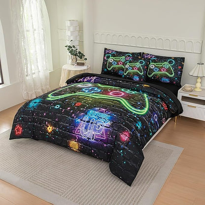 NINENINE Gaming Bedding Sets for Boys, 6PCS Queen Size Comforter Sets for Boys,Gamer Bedding Bed in A Bag Comforter Sheet Set(1Comforter,1Flat Sheet,1Fitted Sheet,1Cushion Cover,2Pillowcases)…