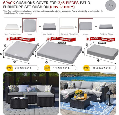 ClawsCover 6Pack Outdoor Seat and Back Cushions Replacement Covers Fit for 3 Pieces 3-Seater Wicker Rattan Patio Furniture Conversation Set Sectional Couch Chair,Gray-Include Cover Only