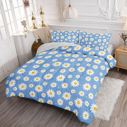 Datura home Flower Comforter Set Blue Daisy Floral Printed Pattern Quilt Bedding with 1 and 2 Pillowcases for Girls Women Bedroom All Season(Blue Twin) Twin 68x86inches