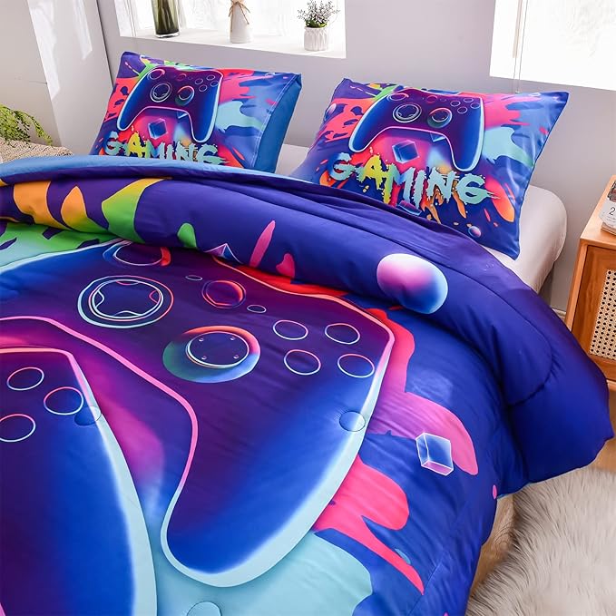 Aimuan Gaming Comforter Sets for Boys Kids Bedding Sets Video Games Console Action Buttons Novelty Colorful Game Gamepad Controller Modern Gamer Room Decor Home Quilt Set (Full, Purple)