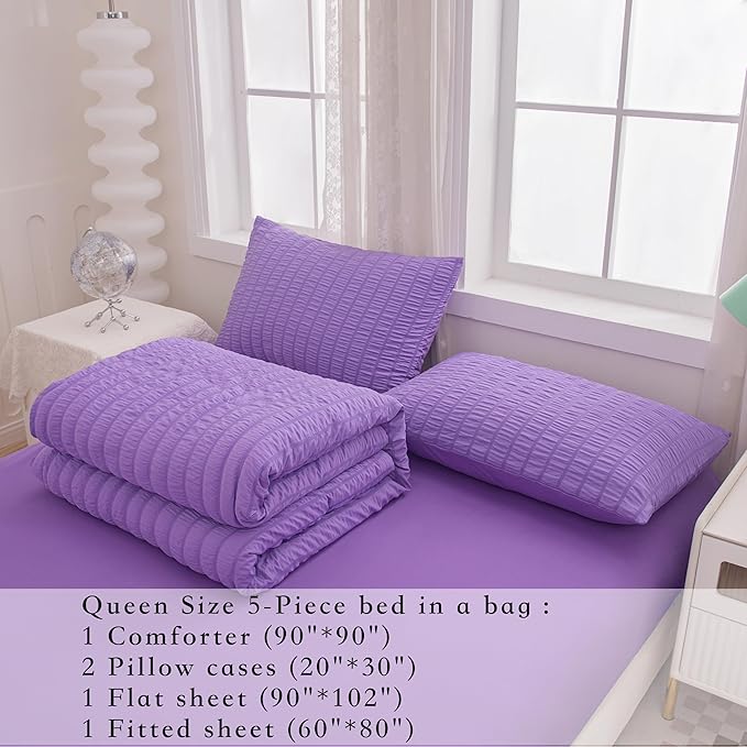 Seersucker Purple Queen Size Comforter Sets for Girls Women Boho Purple Seersucker Bedding Set & Collections 5 Pieces-Soft Lightweight Microfiber Bed Set for All Season,Queen 90''x90''…