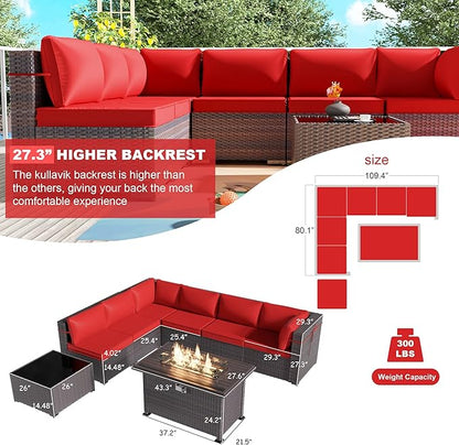 Kullavik 8 Pieces Outdoor Patio Furniture Set with 43" 55000BTU Gas Propane Fire Pit Table PE Wicker Rattan Sectional Sofa Patio Conversation Sets,Red