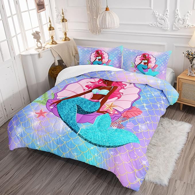 Datura home Bedding Comforter Set Black Girl Magic Mermaid Printed Pattern Quilt with 1 and 2 Pillowcases for Girls Bedroom All Season(Black Blue Queen) Queen 90x90inches