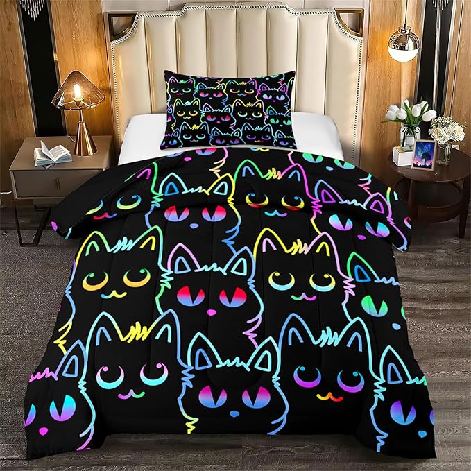 Cat Twin Bedding Set for Girls - Cute Cartoon Cat Comforter Set for Girls Bedroom Ultra Soft Cats Patterns Bedding Set with 1 Cat Quilt and 1 Pillowcase Kids Girls Room Decor, Twin Size