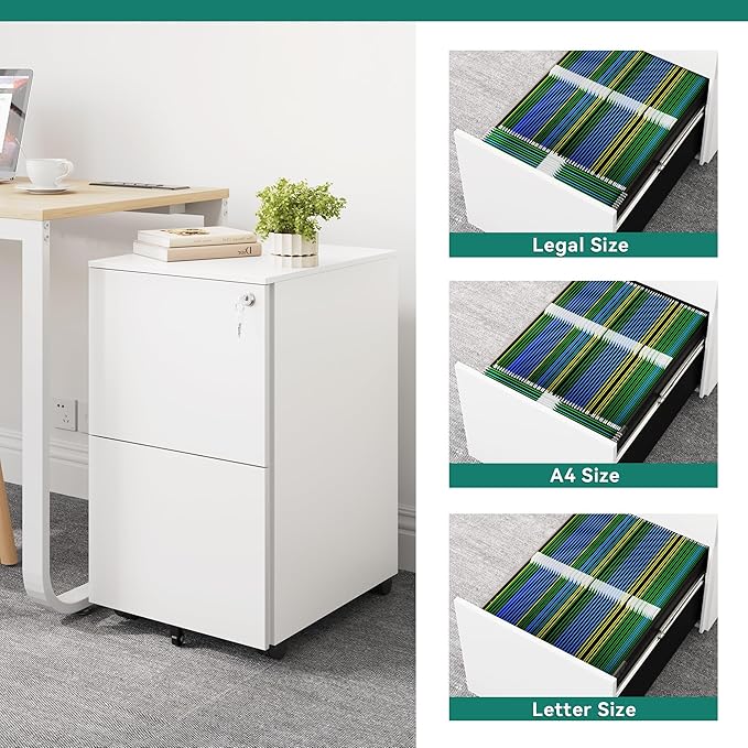 YITAHOME 2-Drawer Mobile File Cabinet with Lock, 18.9” Deep Office Filing Cabinet for Legal/Letter, Pre-Assembled Vertical Metal File Cabinet Except Wheels Under Desk White