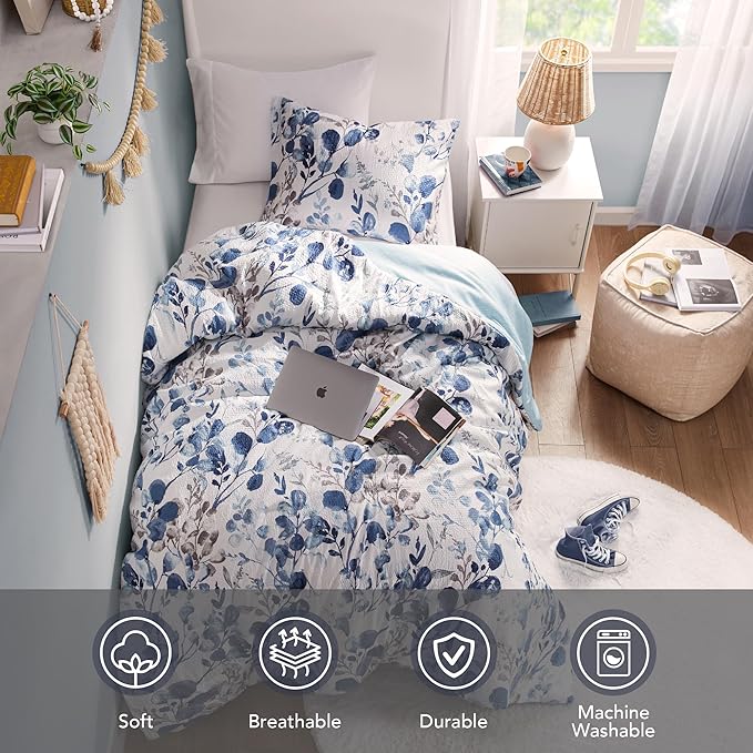 Codi Floral Twin Comforter Set for Teen Girls, Spring Lavender Bedding Sets with Soft Seersucker 2pcs - 1 Flower Comforters and 1 Pillows Case, Blue