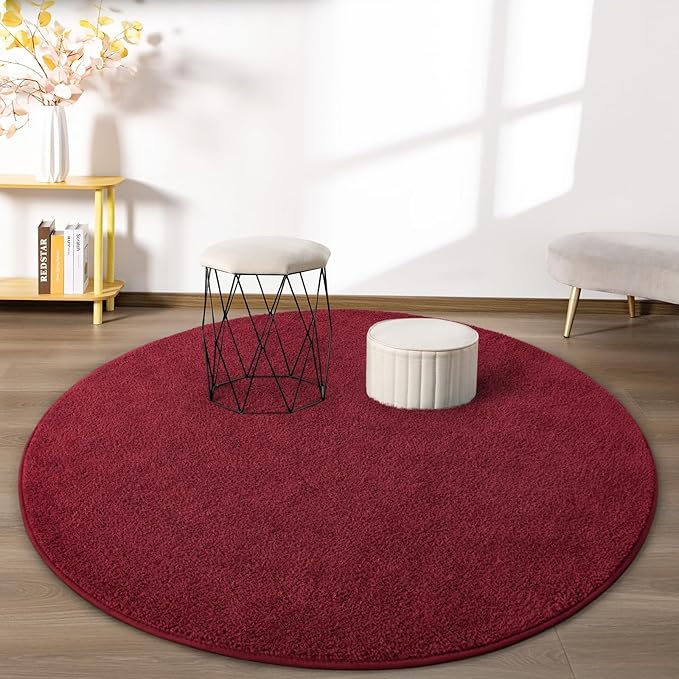 Round Area Rugs for Bedroom Living Room, 5x5 Rose Red Super Soft Comfy Thickened Memory-Foam Indoor Circle Carpets, Modern Aesthetic Minimalist Carpet for Boys Girls Adults Nursery Home Décor