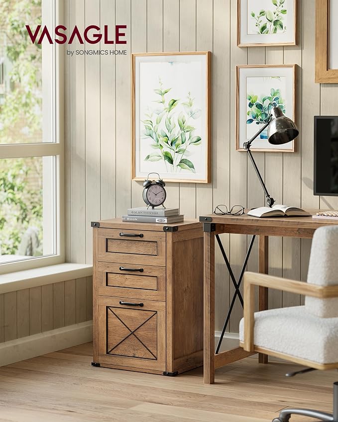 VASAGLE File Cabinet, Filing Cabinet with 3 Drawers, Printer Stand, Fit A4, Letter Size, Hanging File Folders, Modern Farmhouse Style, for Home Office, Study, Honey Brown UOFC054T41