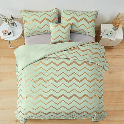 Sage Green/Gold Comforter Set Queen, Metallic Print Glitter Bedding Set Cute Shinny Bed Sets for Teen Girls Kids Women, 4 Piece (2 Pillowcases, 1 Decorative Pillow Sham)