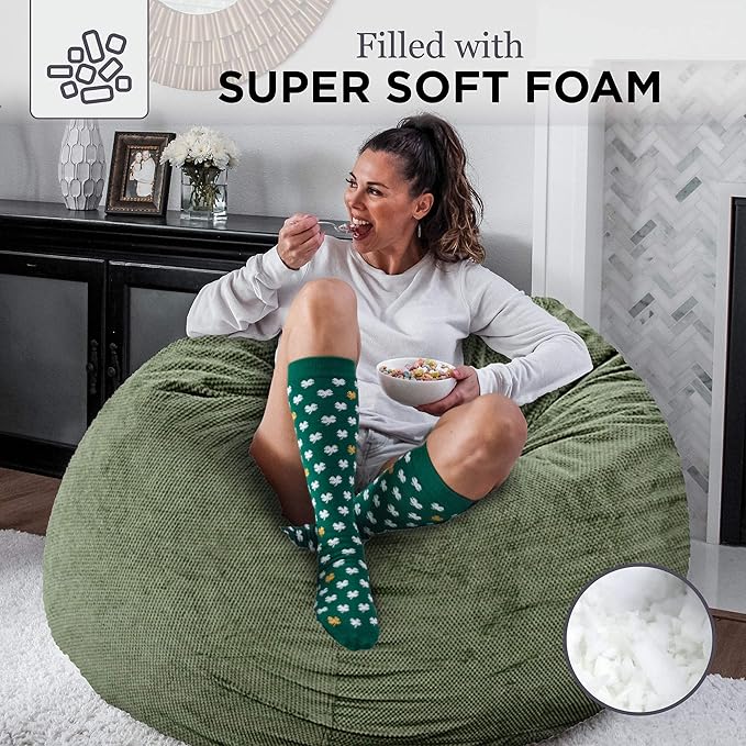 CordaRoy's Chenille Bean Bag Chair, Convertible Chair Folds from Bean Bag to Lounger, As Seen on Shark Tank, Moss - Queen Size