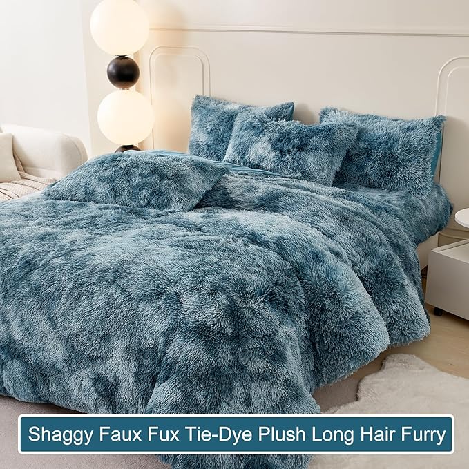 WINLIFE Shaggy Bedding Comforter Set Full Blue Faux Fur Flannel Furry Comforter Plush Comforter Sets Gradient Ombre Tie Dye Bedding for Teens Adults (3Pcs, Full, Smoke Blue)