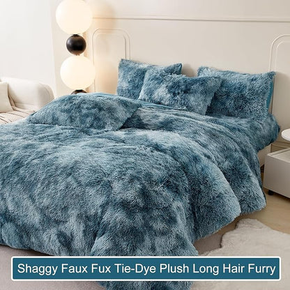 WINLIFE Shaggy Bedding Comforter Set Full Blue Faux Fur Flannel Furry Comforter Plush Comforter Sets Gradient Ombre Tie Dye Bedding for Teens Adults (3Pcs, Full, Smoke Blue)