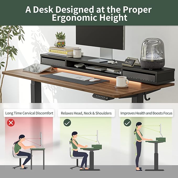 FEZIBO 60 x 24 Inch Height Adjustable Electric Standing Desk with Double Drawers, Stand Up Desk with LED Strips, Sit Stand Desk with Monitor Stand, Blcak Walnut