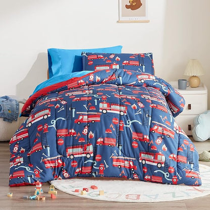 SLEEP ZONE Kids Bedding Comforter Set Full/Queen Size - 7 Pieces Super Cute & Soft Bedding Sets & Collections with Comforter, Sheet, Pillowcase & Sham - Fade Resistant Easy Care (Fire Truck)