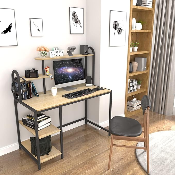Anivia Computer Bookshelf Home Office, Study Table with Hutch & Adjustable Shelves, Sturdy Wooden Desk for Gaming, Easy Assemble, 49.2", Light Walnut