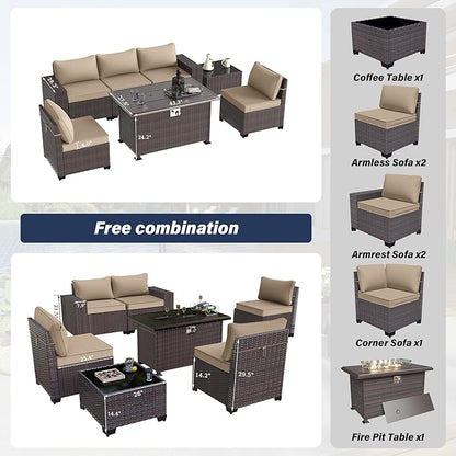 Patio Furniture Sectional Sofa Set 7-Pieces PE Rattan Patio Conversation Set w/43in Gas Fire Pit Table, Outdoor Furniture with 55000 BTU Propane Fire Pit, Sand