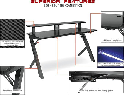 OSP Home Furnishings Area51 Battlestation Gaming Desk with Bluetooth RGB LED Lights, Matte Black