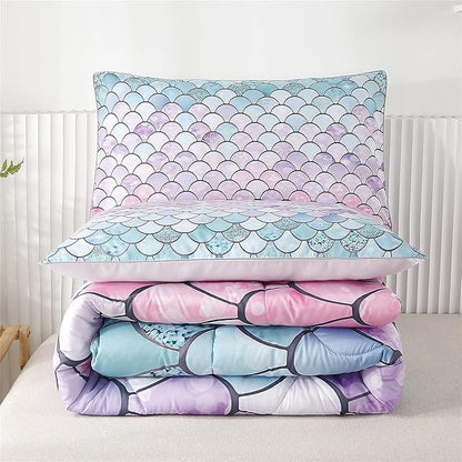 RYNGHIPY 3Pcs Colorful Mermaid Scale Print Comforter Bedding Set Full Size, Soft Microfiber Coverlet Set/Bedspread/Quilt Set with Colorful Scale Design (Mermaid,Full)