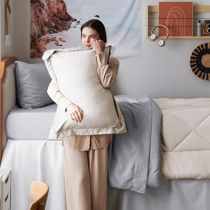 Bedsure Beige Twin XL Comforter Sets - 5 Pieces Reversible Twin XL Bedding Sets, Bed Sets Comforters, Sheets, Pillowcase & Sham, Grey XL Twin Bed in a Bag for College