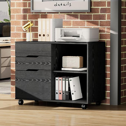 OLIXIS 3 Drawer File Cabinet Lateral Printer Stand with Adjustable Storage Shelves for Home Office Small Space, Black
