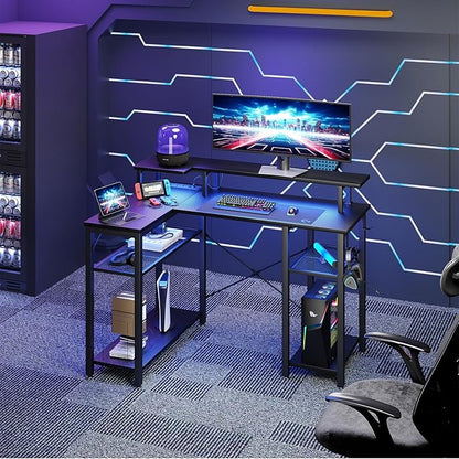 Gaming Desk with Power Outlets & Music Strip Lights, L-Shaped Desk with 2-Layer Storage on Both Sides, Large Monitor Stand for Office Home