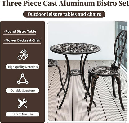 Patio Bistro Sets 3 Piece, Outdoor Bistro Table and Chairs Set of 2 with Umbrella Hole, Cast Aluminum Bistro Set, Patio Furniture for Yard Garden Porch, Bronze