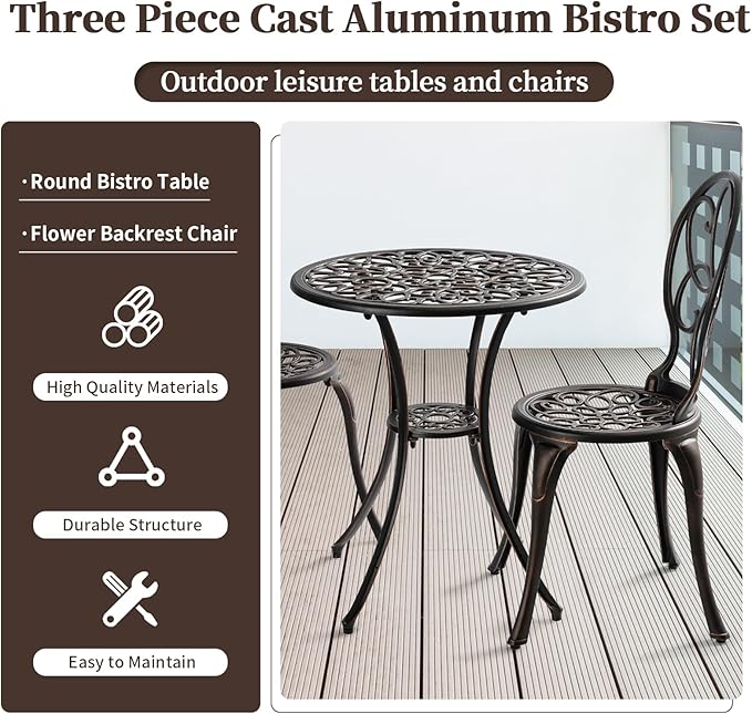 3 Piece Outdoor Bistro Set, Cast Aluminum Bistro Table and Chairs Set, Weather Resistant Patio Metal Bistro Sets, Patio Table Set with Umbrella Hole for Balcony Backyard Garden