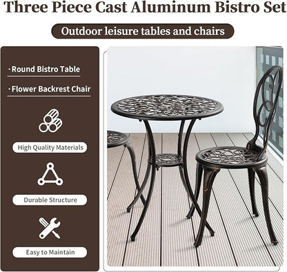 3 Piece Outdoor Bistro Set, Cast Aluminum Bistro Table and Chairs Set, Weather Resistant Patio Metal Bistro Sets, Patio Table Set with Umbrella Hole for Balcony Backyard Garden