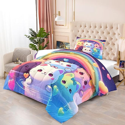 Rainbow Cat Comforter Twin Size - Rainbow Cat Bedding for Girls Room Cute Cartoon Rainbow Bedding Twin Comforter Sets for Kids, 1 Comforter+1 Pillowcase