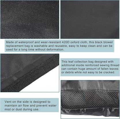 OwnMy Universal Leaf Vacuum Blower Bag Black Leaf Vacuum Bag Leaf Blower Replacement Bag with 3 Fasten Ties, Adjustable Leaf Blower Mulcher Bag Bottom Debris Zipper Bag Fallen Leaves Collection Bag