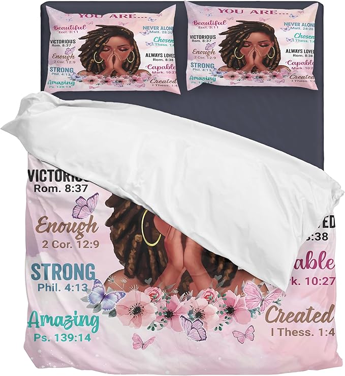 Kids Comforter Sets Queen Size, Prayer Girl and African American Girl Inspirational Quotes with Floral Butterfly, Teens Bedding Sets for Girls Women (Queen, Pink White)