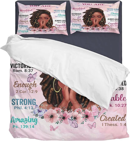 Kids Comforter Sets Queen Size, Prayer Girl and African American Girl Inspirational Quotes with Floral Butterfly, Teens Bedding Sets for Girls Women (Queen, Pink White)