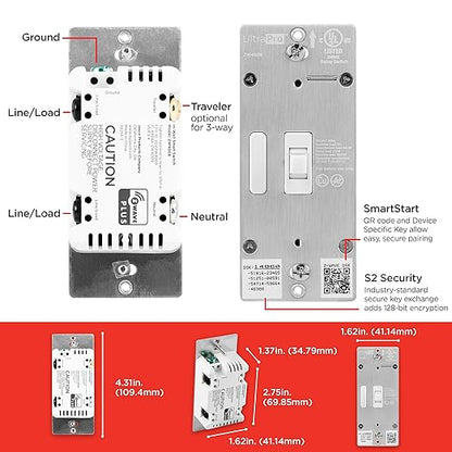 UltraPro Z-Wave Smart Light Switch, Smart Toggle Light Switch, QuickFit & SimpleWire, 3-Way Ready, Works with Alexa, Google Assistant, ZWave Hub Required, Repeater/Range Extender, White, 2 Pack, 54912