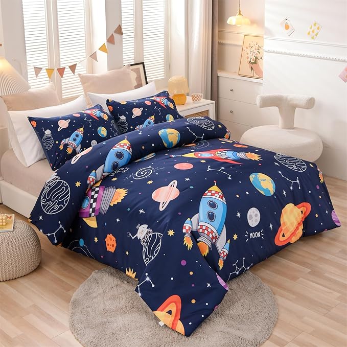 Aimuan Space Bedding Set Kid Rocket Comforter Set Full Size Super Soft & Cute Aliens UFO Printed Quilt Set for Teen Boys Girls (Navy, Full)