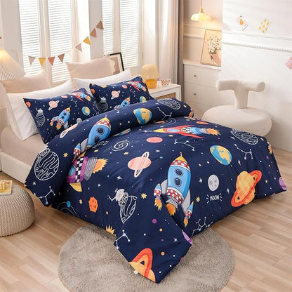 Aimuan Space Bedding Set Kid Rocket Comforter Set Full Size Super Soft & Cute Aliens UFO Printed Quilt Set for Teen Boys Girls (Navy, Full)