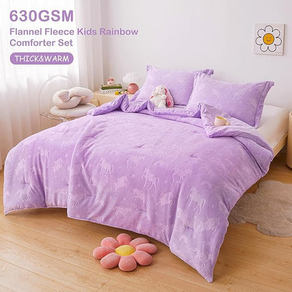 Mooreeke Twin Kids Comforter Bed Set, Embossed Plush Fleece Soft & Warm 2 Piece Bed in A Bag with Shams, Velour Velvet Purple Unicorn Girls Kids Bedding Set, Fluffy Fuzzy Polar Cozy and Stylish