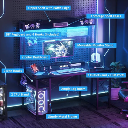 armocity 2024 Upgrade Gaming Desk with Hutch, 48'' Magic Computer Desk with LED Lights and Outlets, Reversible Workstation Desk with Pegboard and Monitor Stand, 48 Gamer Desk PC Table, Black