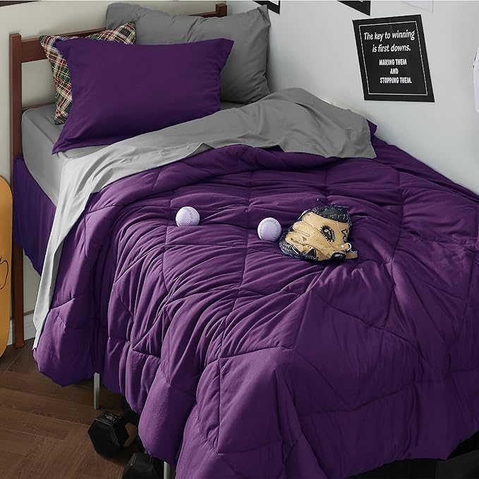 Bedsure Purple Twin XL Comforter Sets - 5 Pieces Reversible Twin XL Bedding Sets, Bed Sets Comforters, Sheets, Pillowcase & Sham, Grey XL Twin Bed in a Bag for College