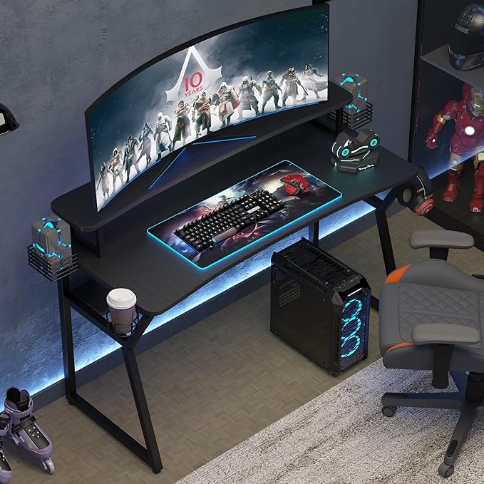 Gaming Desk, Computer Desk with Large Monitor Stand and Open Shelf,Gamer Table Workstation with Cup Holder, Headphone Hook, 2 Speaker Stand for Home Office (Black Carbon Fiber)