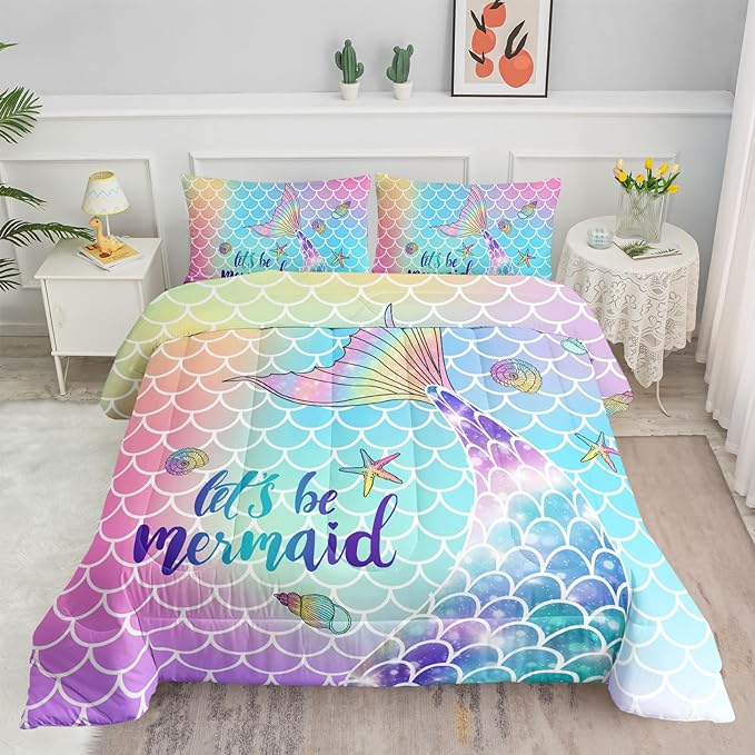 Datura home Bedding Comforter Set Rainbow Scales Mermaid Printed Pattern Bedding Set with 1 Comforter and 2 Pillowcases for Girls Bedroom All Season(Rainbow Scales Mermaid Queen), 90x90inches
