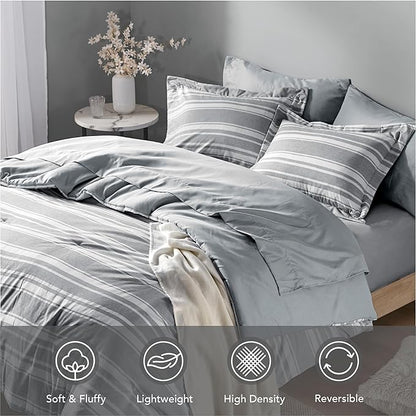 King Size Bed in a Bag, Full Bedding Sets, Modern Farmhouse Grey and White Striped Comforter with Sheets, 7-Piece Complete Bedroom Set