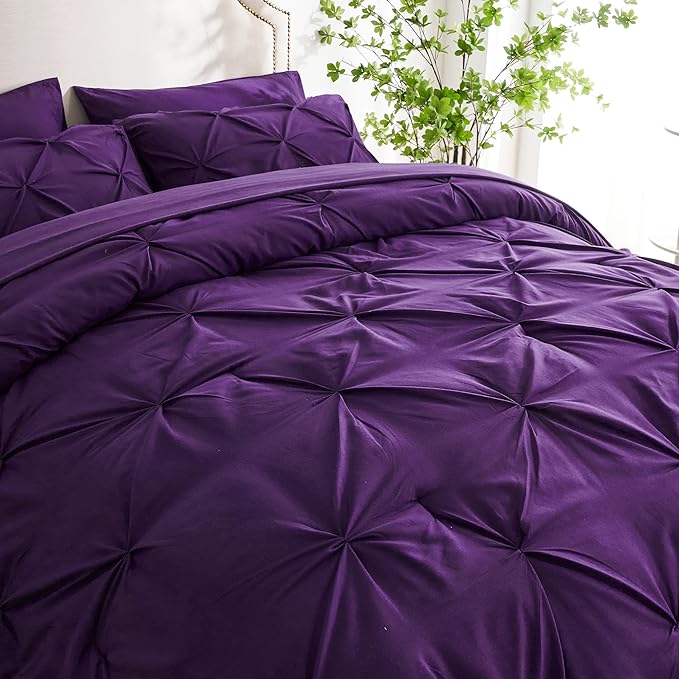 Ubauba 7pc King Size Comforter Set with Sheets, All Season Pintuck 7 Piece Bedding Sets Purple, Pinch Pleating Bed in a Bag Set with Comforters (Purple,King)