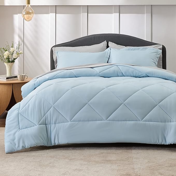 Bedsure Sky Blue Full Size Comforter Set - 7 Pieces Reversible Full Bed in a Bag Full Bed Set with Comforters, Sheets, Pillowcases & Shams, Full Bedding Sets