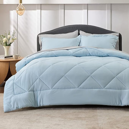 Bedsure Sky Blue Full Size Comforter Set - 7 Pieces Reversible Full Bed in a Bag Full Bed Set with Comforters, Sheets, Pillowcases & Shams, Full Bedding Sets