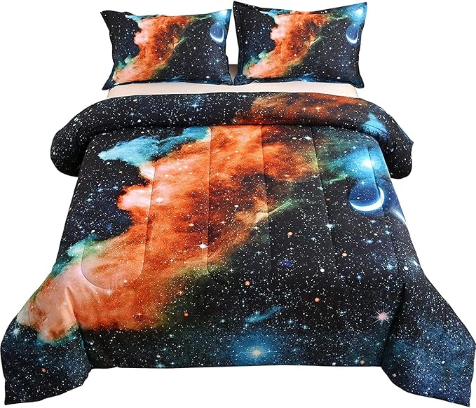 A Nice Night Black and Blue Galaxy Bedding Sets 3D Printed Cloud Quilt Comforter Sets with 2 Bedroom Pillow Covers Twin Size